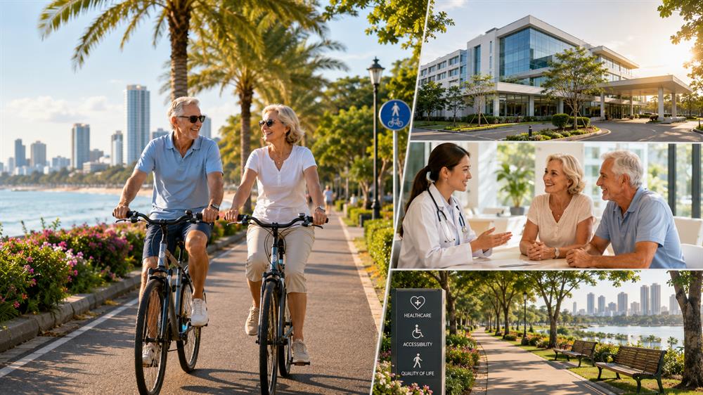 Modern healthcare facilities, active lifestyles, and accessible living for retirees in Pattaya, Thailand.